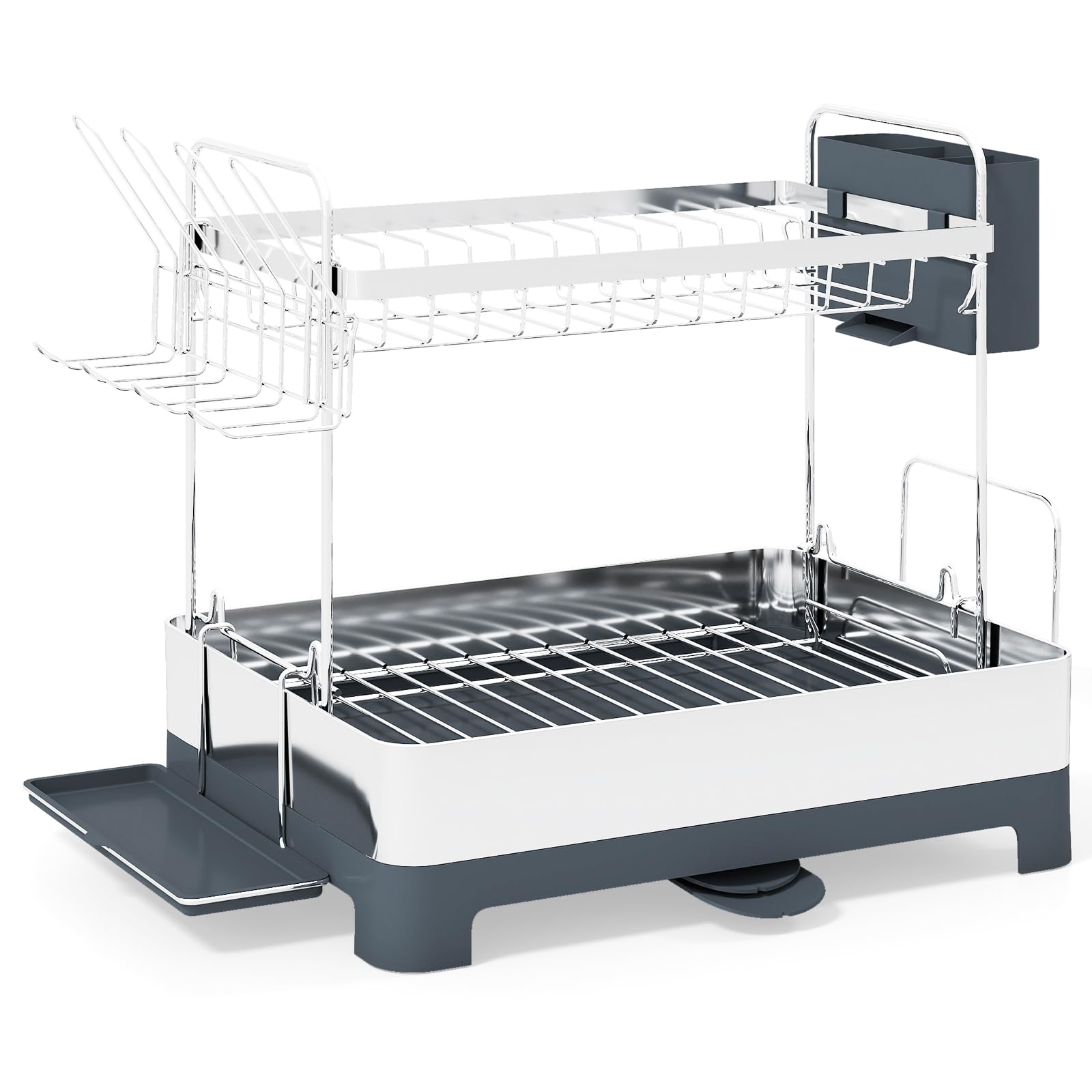 COSTWAY Escurreplatos de Acero Inoxidable de 2 Niveles, Escurreplatos sobre Fregadero con Soporte para Utensilios y Tabla de Cortar, Estante de Secado de Platos con Drenaje Giratoria Extensible