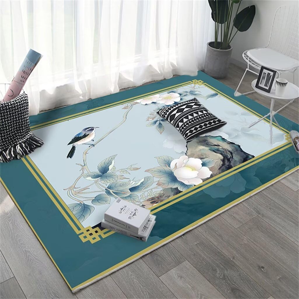 Tapis de chambre lavable en machine bleu 100x200cm rectangulaire style chinois pour décoration