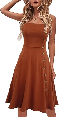 Womens Casual Summer Beach Flattering Flowy A-Line Spaghetti Straps Solid Cotton Button Down Midi Sundress