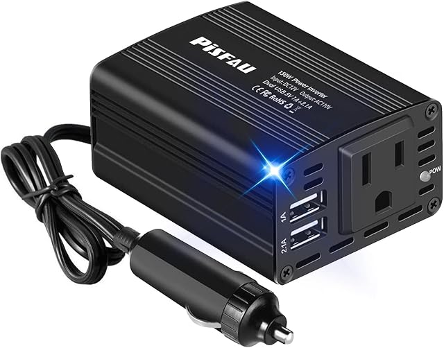 Inverter de Puissance 150W 12V DC vers 110V AC Adaptateur Prise de Voiture avec Chargeur AC USB Dual 3.1A pour Ordinateur Portable Noir