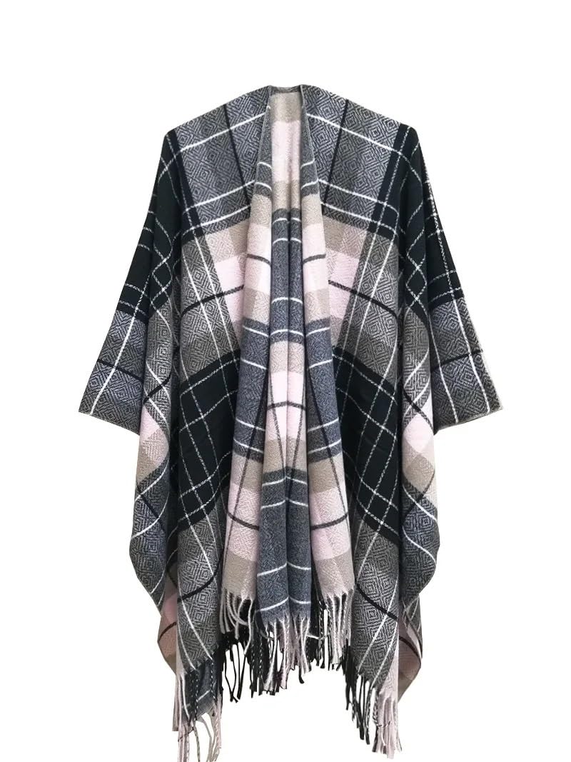 GMGQJST Shawl For Women Imitation Cashmere Women Spring Autumn Double sided Plaid Split Shawl Warm Street Poncho Lady Capes White Cloaks(6)