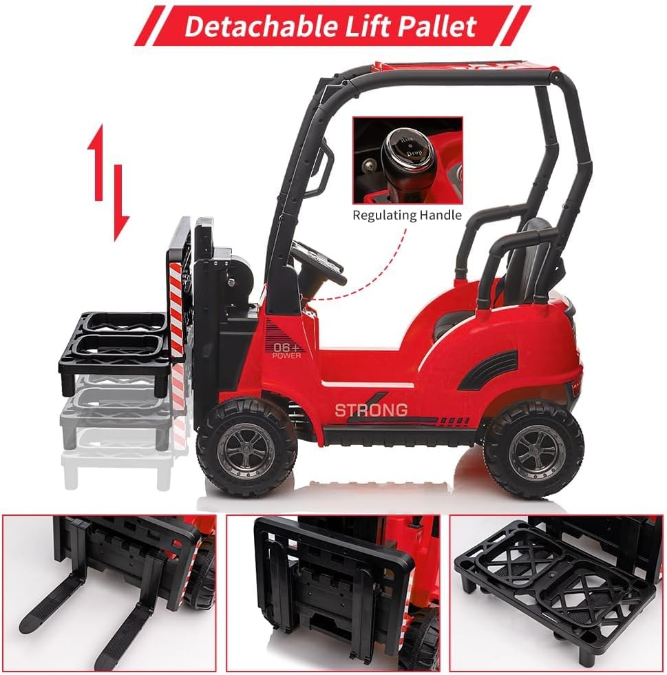 12 V Children's Electric Forklift with Liftable Fork and Pallet, Remote Control for Parents, Music, USB, MP3, High/Low Speed, Safe Electric Car for Ages 3 and Above