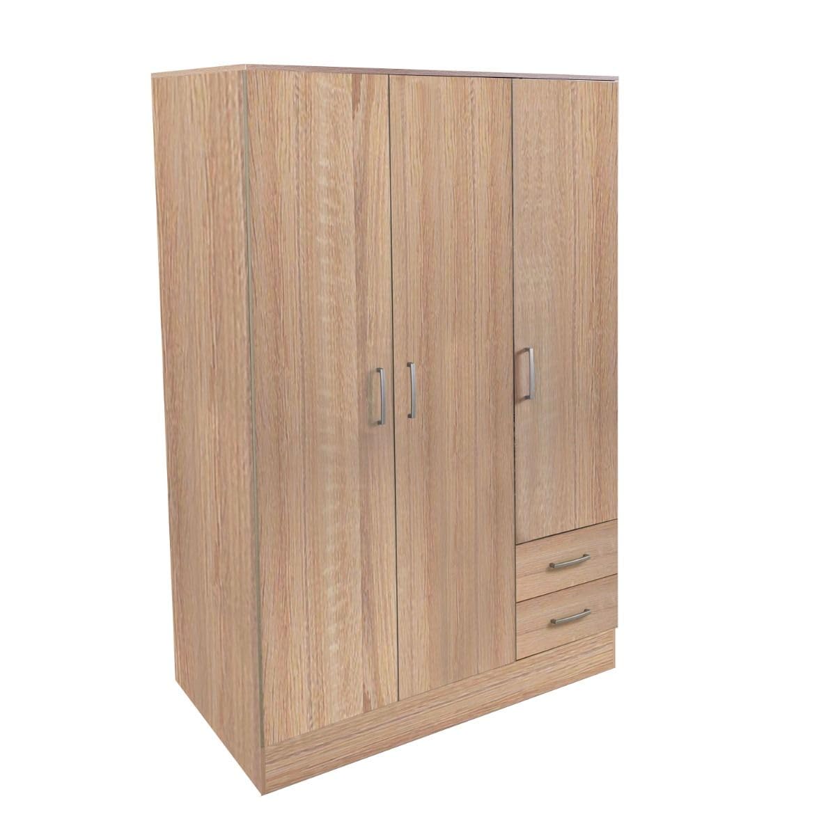 Bissolo Casa Armadio Multiuso Rovere 120x50x170 cm con 3 Ante e 2 Cassetti, Mobile con Tubi Appendiabiti in Laminato, Armadio per Camera da Letto, Ripostiglio e Garage