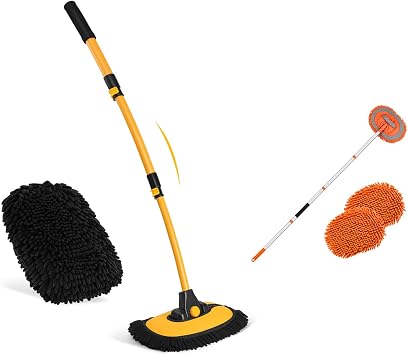 Ordenado 15Curved Car Wash Brush with Long Handle, 43" Car Cleaning Brush with Extension Pole, 62" Car Wash Brush Kit Mitt Mop Sponge with Long Handle Chenille Microfiber Car Cleaning Brush Kit