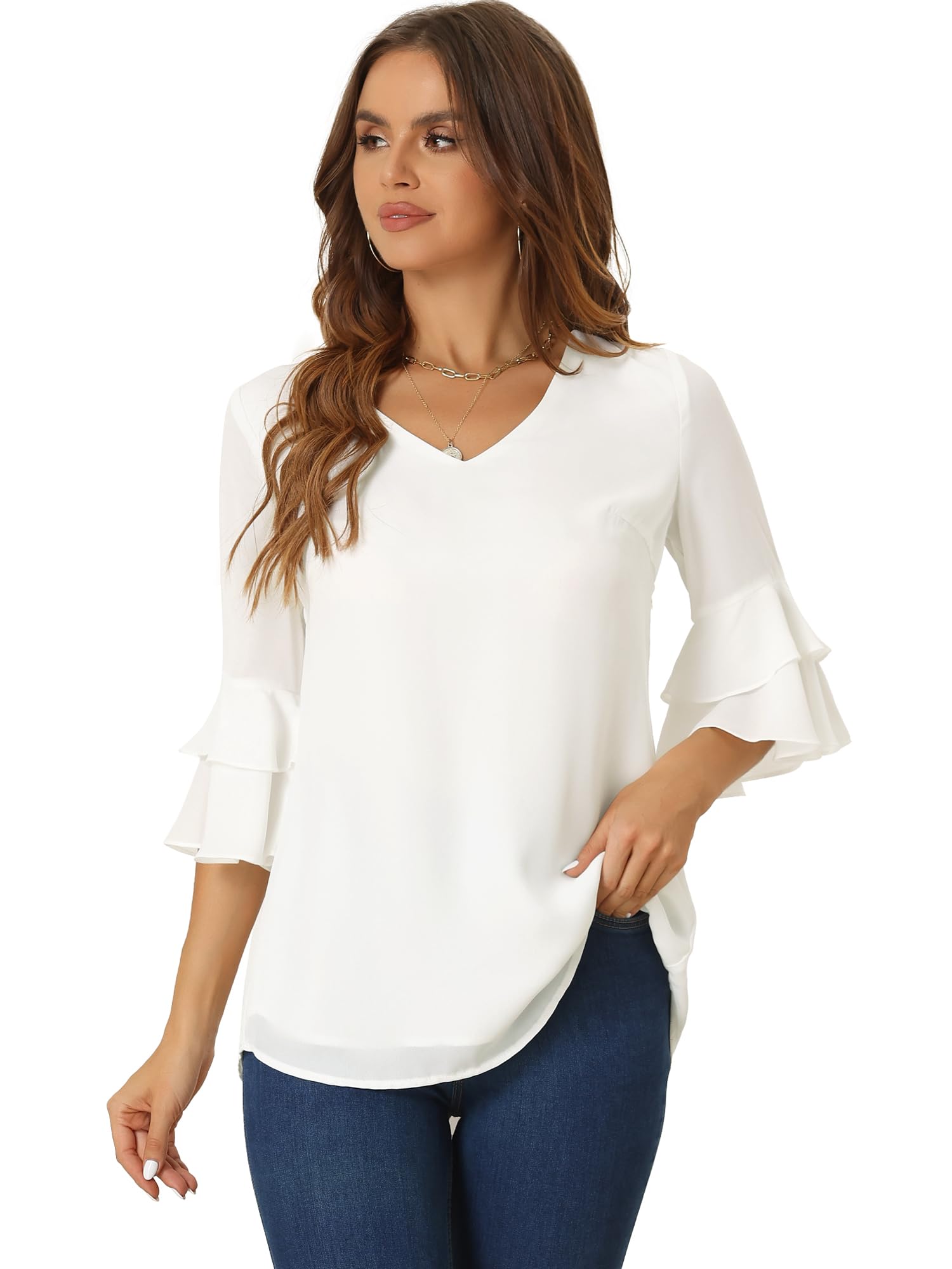 Allegra K Blusas Casuales con Cuello en V para Mujer con Volantes y Mangas Acampanadas