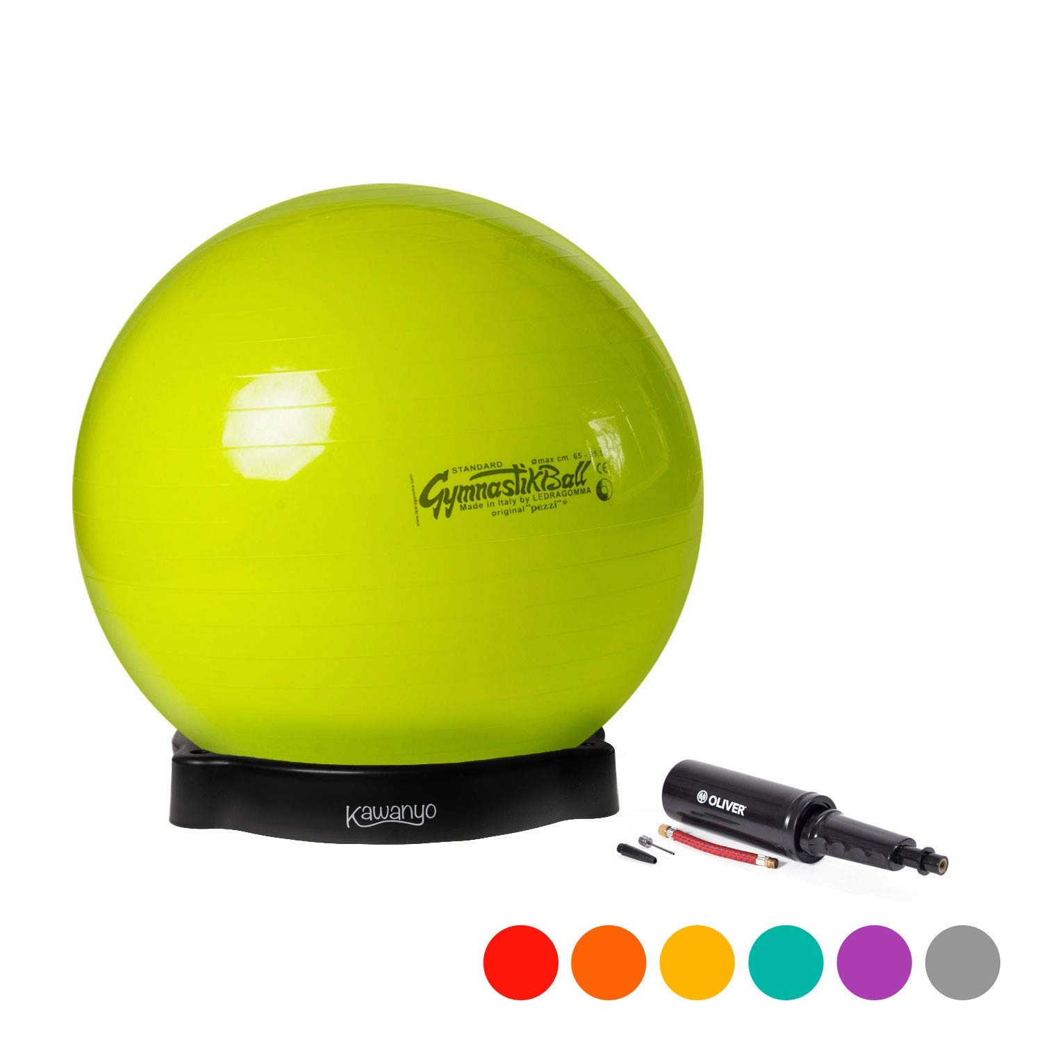 PEZZI Palla da ginnastica standard, diametro 65 cm, con ciotola e pompa, verde | Palla da seduta in robusto PVC, portata fino a 400 kg, per terapia, sport e ufficio
