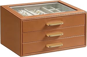 Homeanda Jewelry Boxes Organizer with Glass Lid, 3-Layer PU Leather, Brown