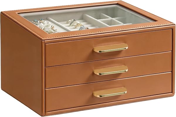 Homeanda Jewelry Boxes Organizer with Glass Lid, 3-Layer PU Leather, Brown