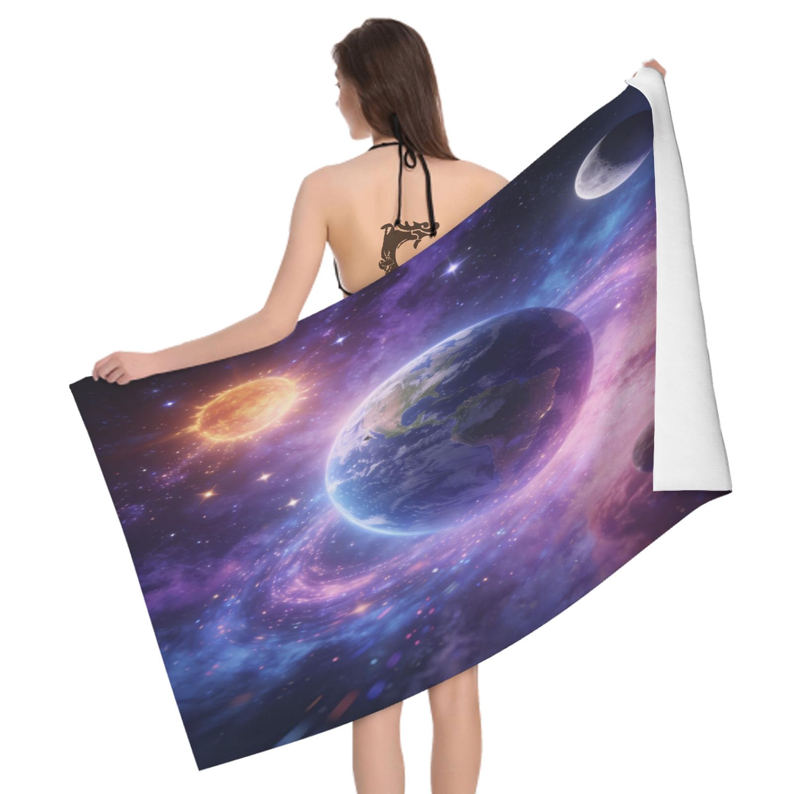 Leichong 3D Earth Beach Towel Large Microfiber Soft Quick Dry for Adults, Universe Bath Towel Lightweight Soft Absorbent for Travel Swimming Pool Sports, 180 x 90 cm