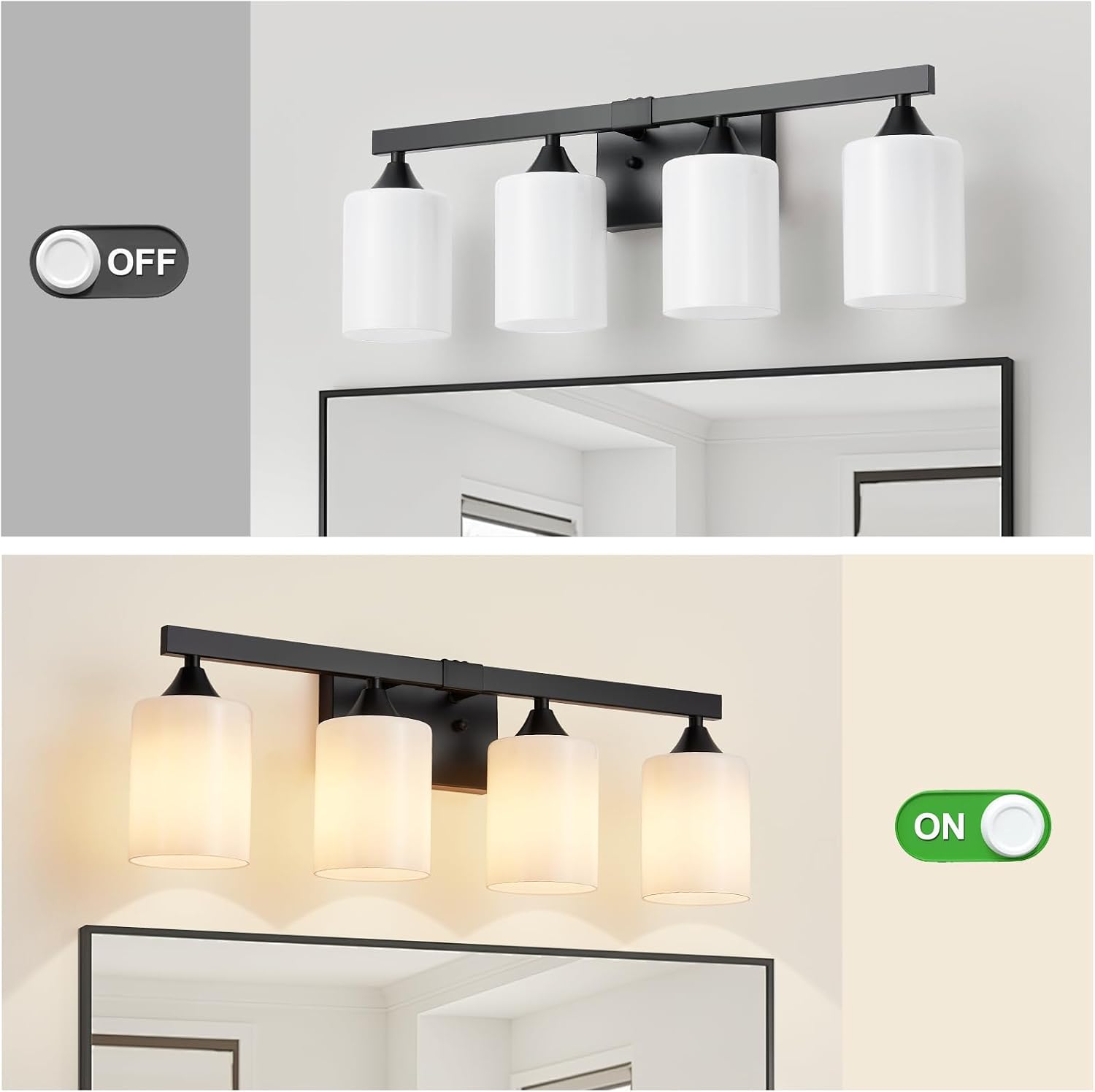 ZHU YAN Bathroom Lights Fixtures Over Mirror,4-Light Vanity Light Fixtures,White Frosted Glass Shades,22 Inches Modern Matte Black Wall Sconces for Bathroom,Bedroom,E26 Base