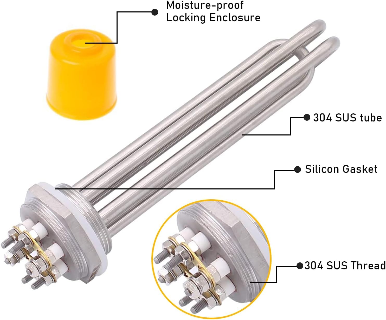 DN40 Heizstab 12000W 380V Dreiphasig, 1,5 Zoll Heizelement BSP-Gewinde Messingflansch, Heizelement Edelstahl mit Kunststoffabdeckung Silikonring