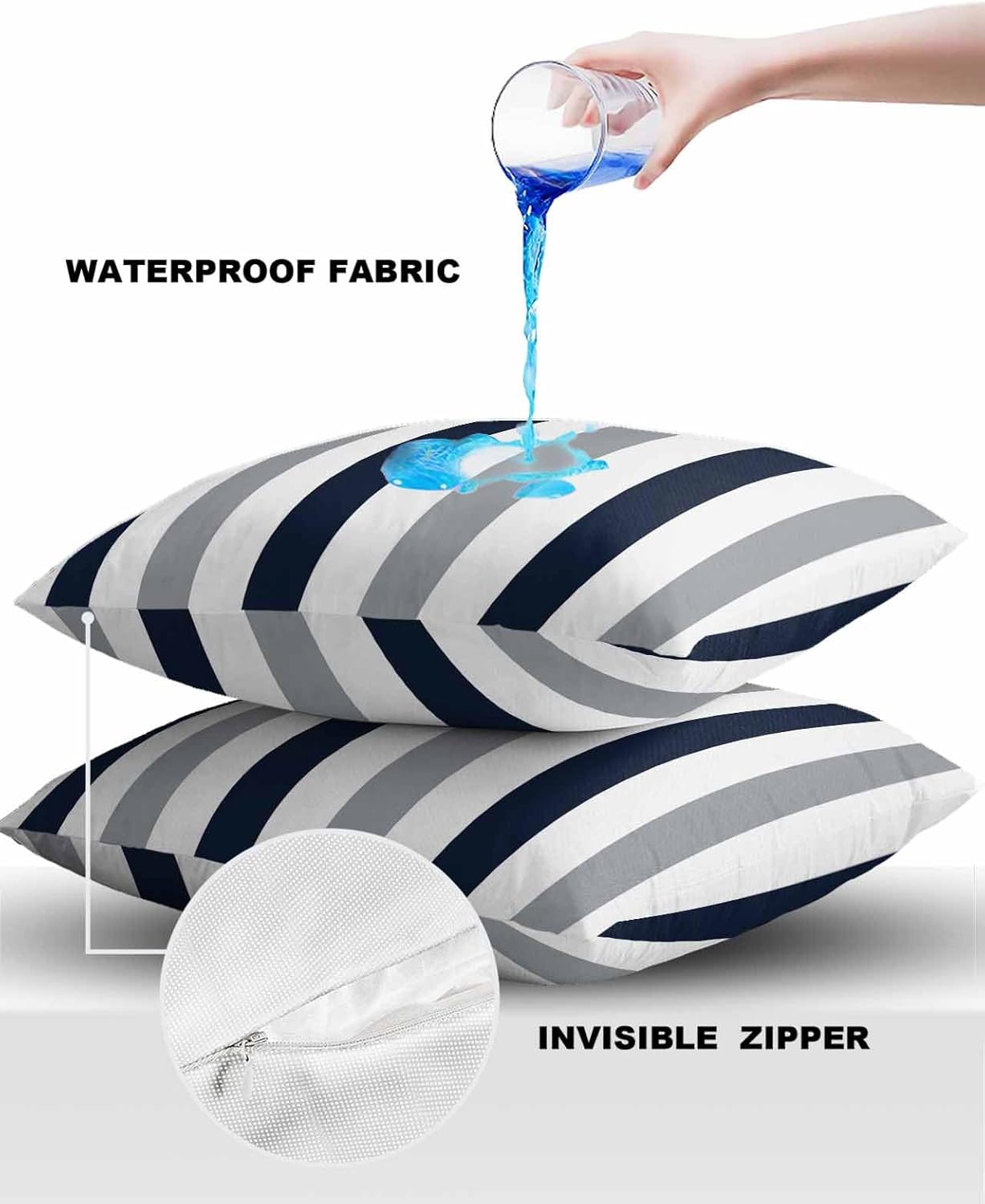 Outdoor Waterproof Pillow Covers Simple Navy Blue Gray White Line Decorative Throw Pillow Protectors, Contrast Striped Pillowcase Cushion Cases for Patio Sofa Garden Couch,16x16IN,Pack of 2