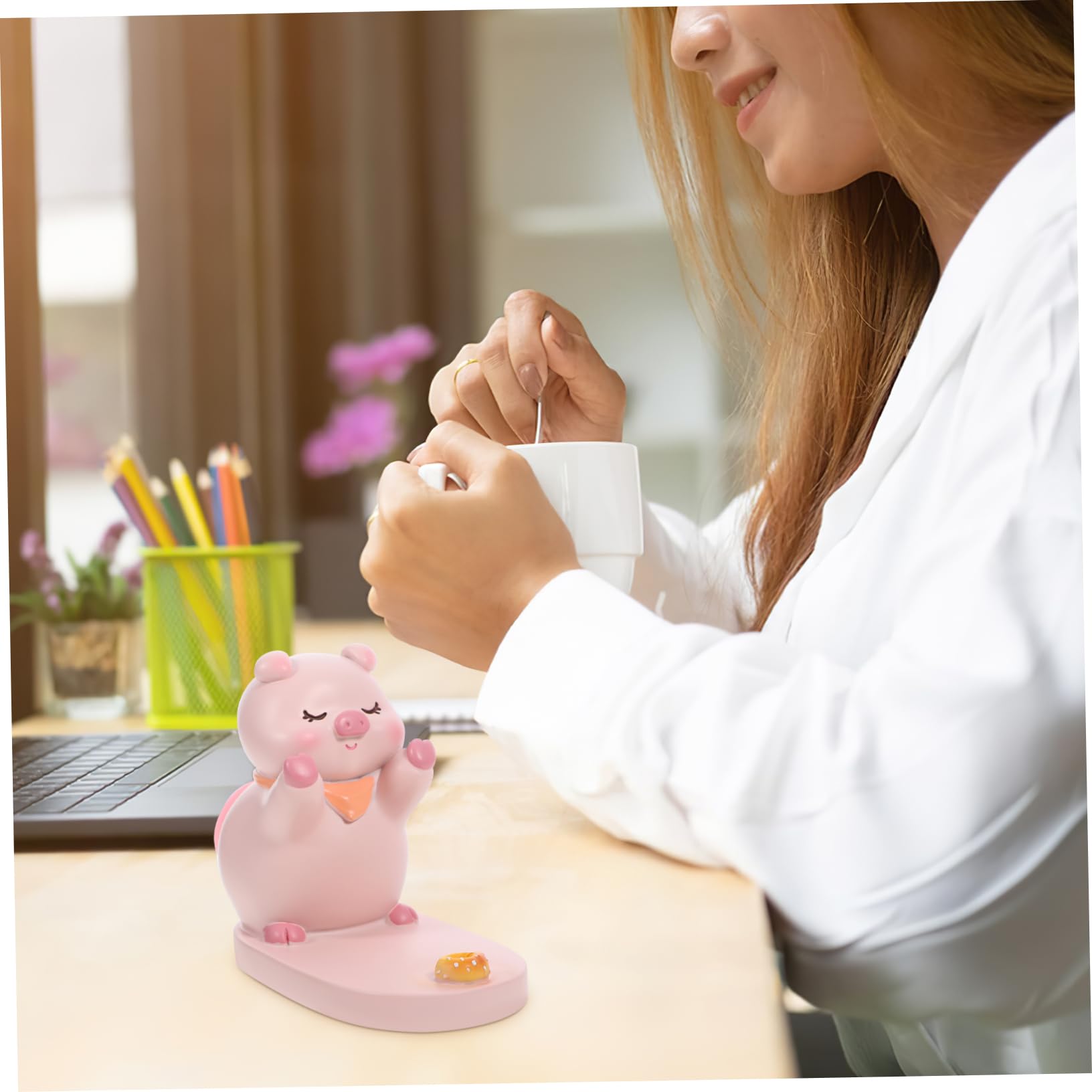 Mikikit 4 Pezzi Adorabile Supporto Per Telefono Da Tavolo in Resina A Forma Di Maiale Supporto Universale Per Telefono Cellulare Supporto Per Scrivania