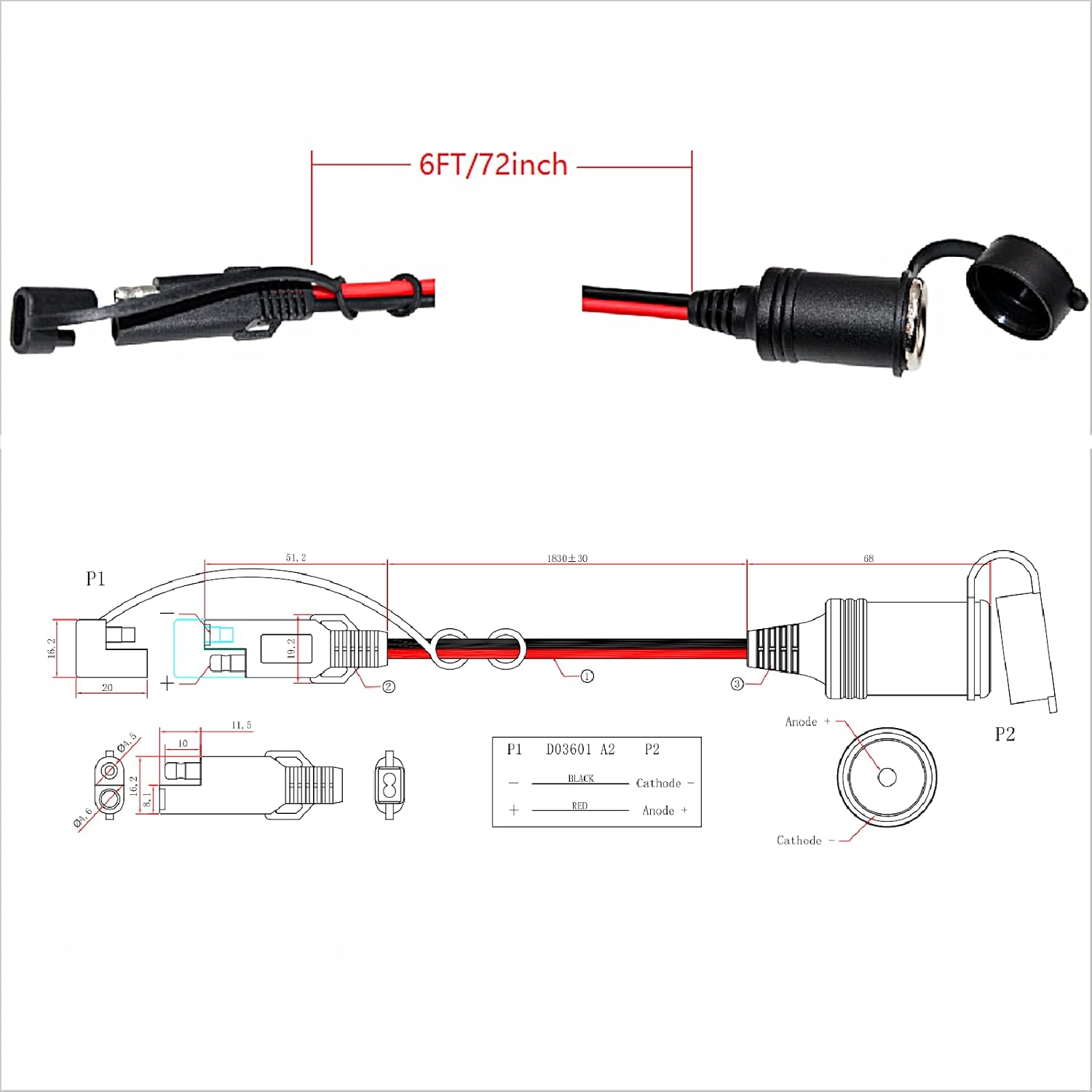 SAE to Motorcycle Female Cigarette Lighter Socket - 12V-24V Bike Power Extension Cable 6FT SAE 2 Pin Quick Release Connect Disconnect Plug 16AWG Heavy Duty Extension Cord (1 Pack)