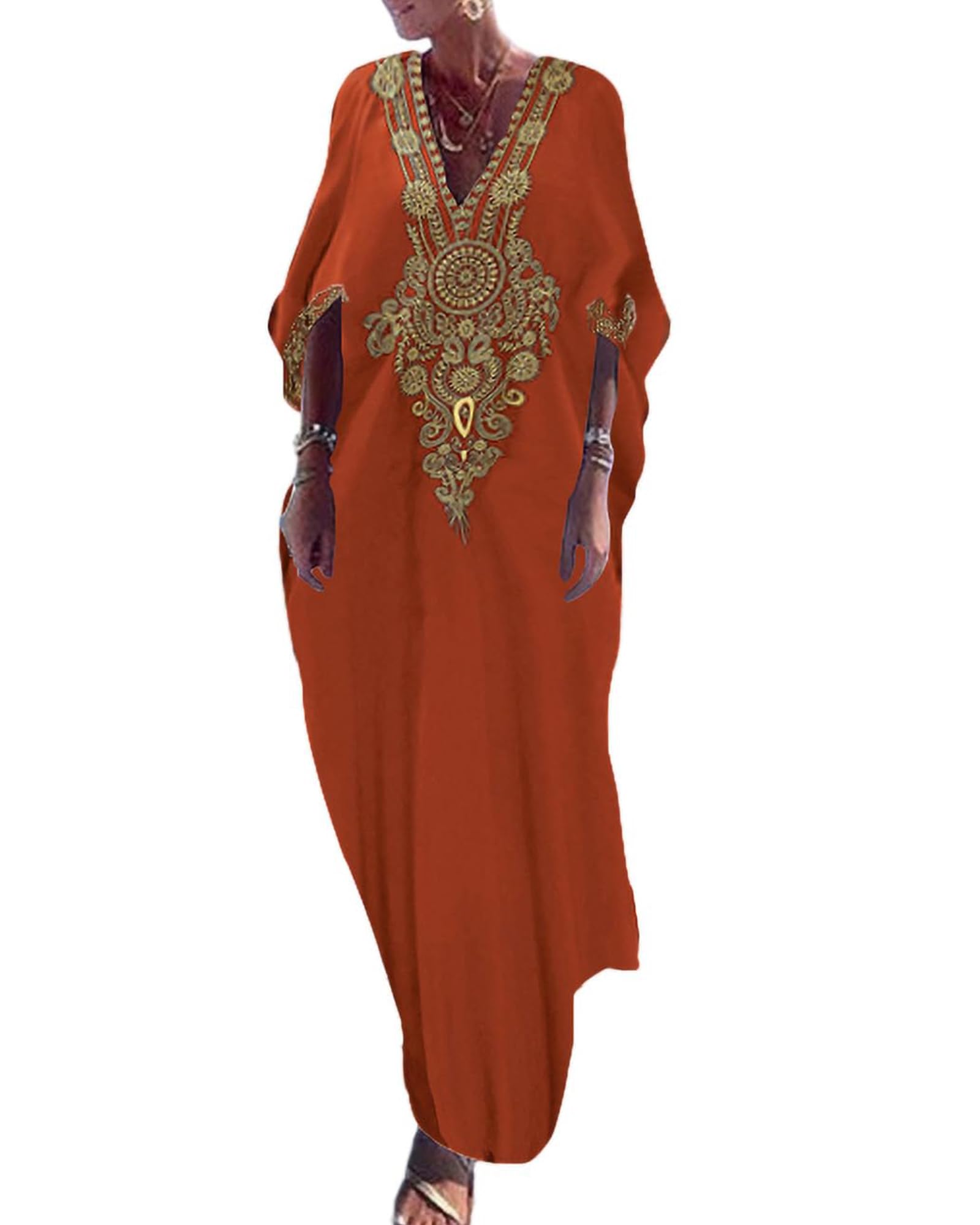 Gold Embroidery Long Kaftan Dresses V Neck Caftan Dress Beach Cover Ups for Women Embroidery