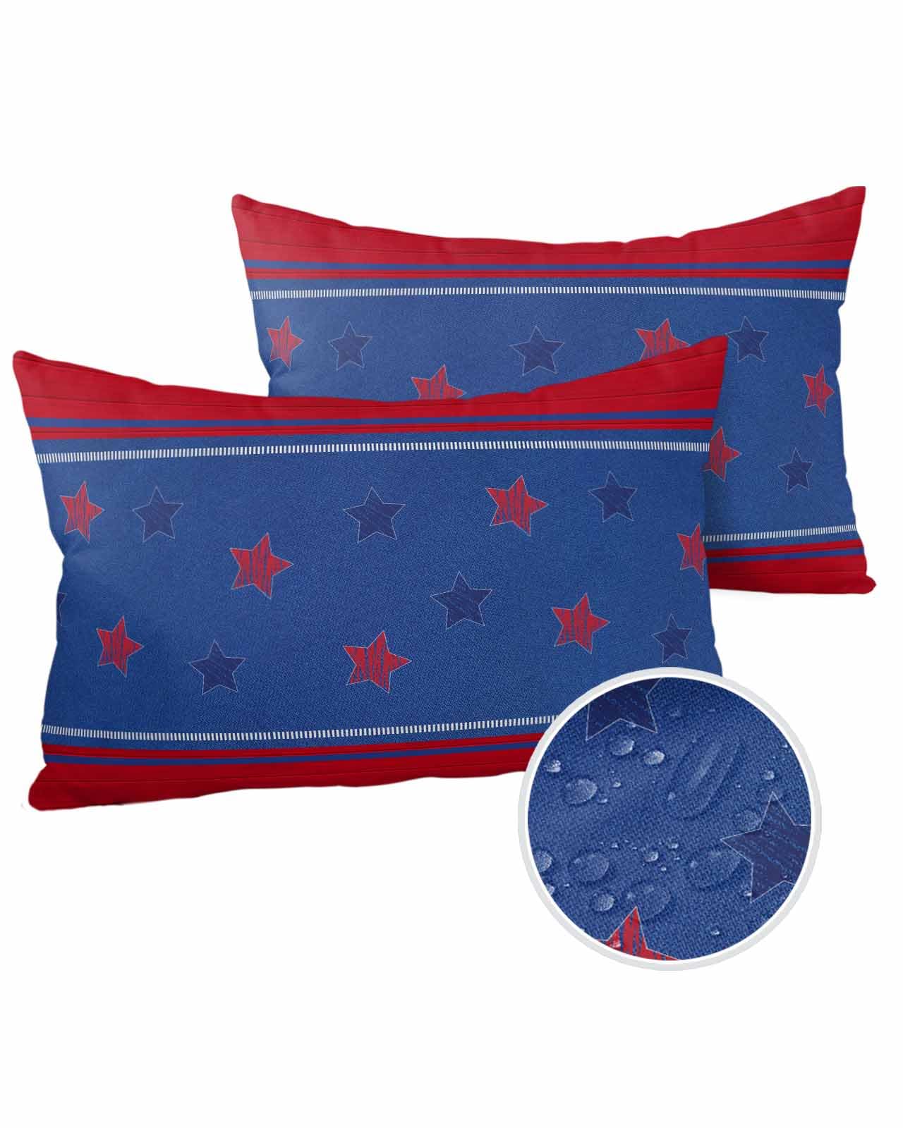 Lumbar Pillow Covers 12 x 20 in, 4th of July Waterproof Throw Pillow Cover Set of 2, Independence Day Blue Red Star Vintage Wooden Home Decorative Rectangle Cushion Covers for Patio/Couch/Garden