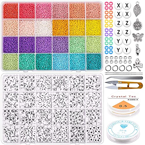 Goodern Jewelry Making Kit Beads for Bracelets,2mm Small Glass Seed Beads and Alphabet Letter Beads with Jewelry Charms,String for Friendship Bracelet Necklace Ornaments Earring Making for Girl Adult