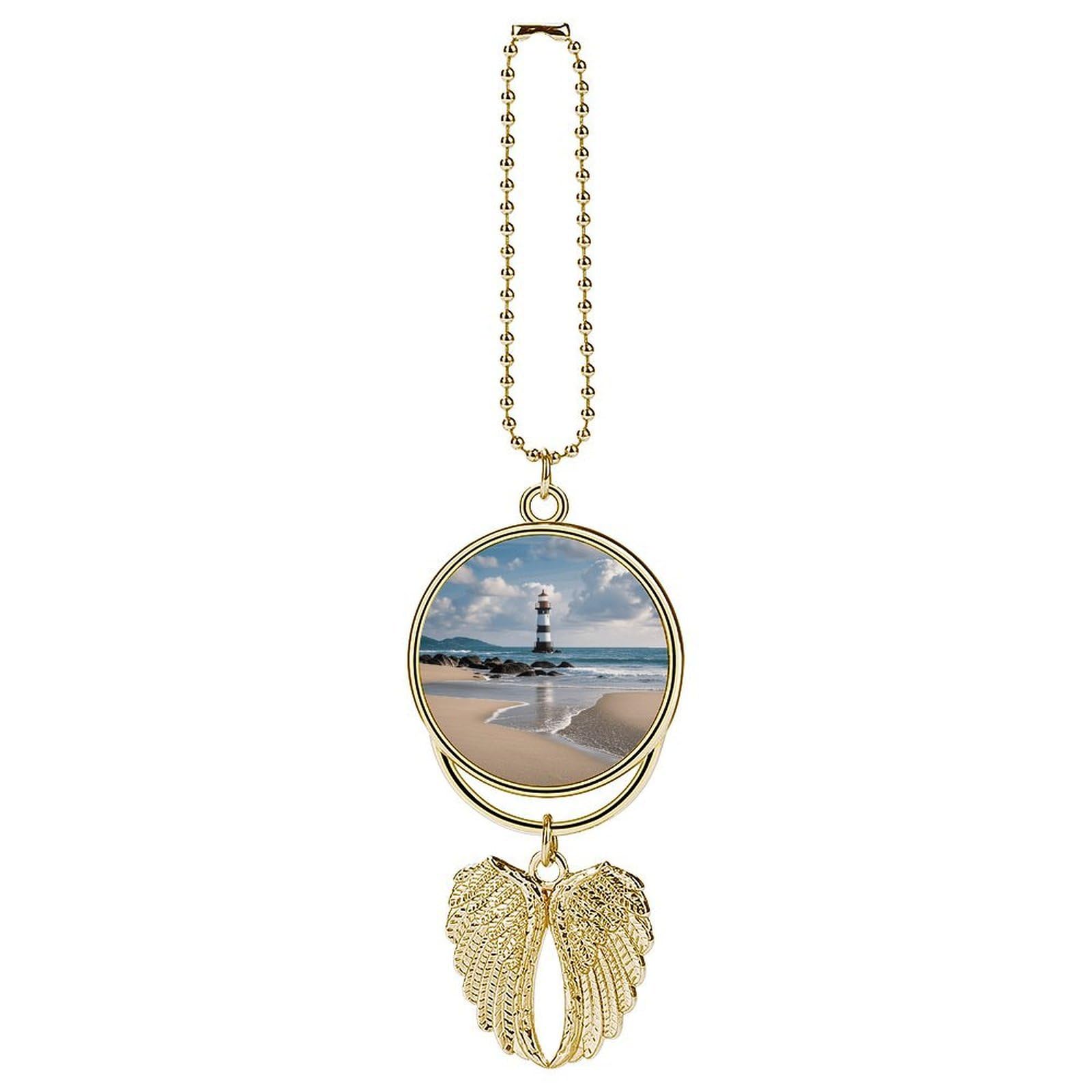 Sea Lighthouse Sandbeach Car Pendant Car Rearview Mirror Pendant Custom Photo Car Hanging Ornament Car Rear View Mirror Hanging Accessories Angel Wing Car Charm Gift for Men Women