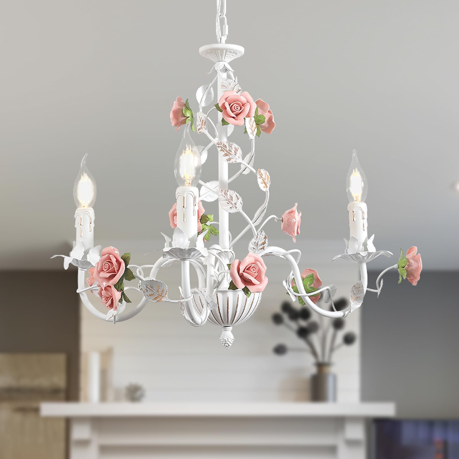 meibeileil Vintage Flower Chandeliers Ceiling Light,White Metal Pendant Light with Pink Ceramic Rose,French Country E14 Candle Chandeliers for Bedroom Living Room Girls Room Kitchen,3 Light