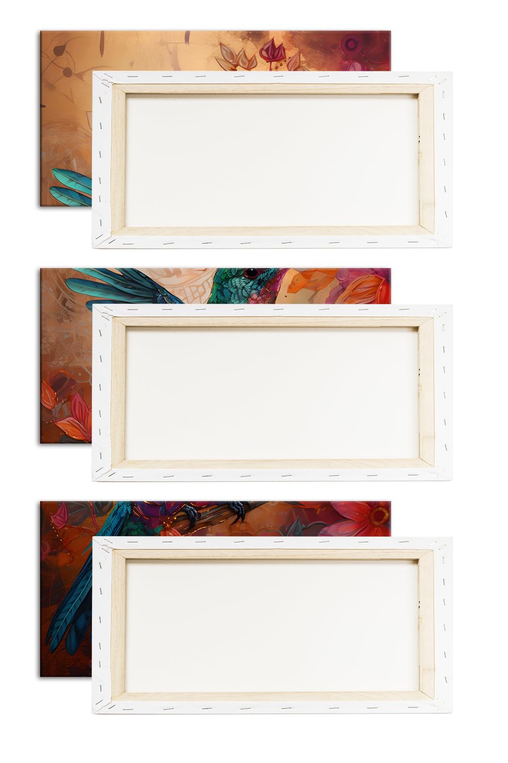deyoli Colibri aux couleurs irisées, encadré par la magie des fleurs, format : 120 x 80 cm (3 pièces) Impression d'art XXL sur cadre en bois / toile / décoration murale / décoration de salon