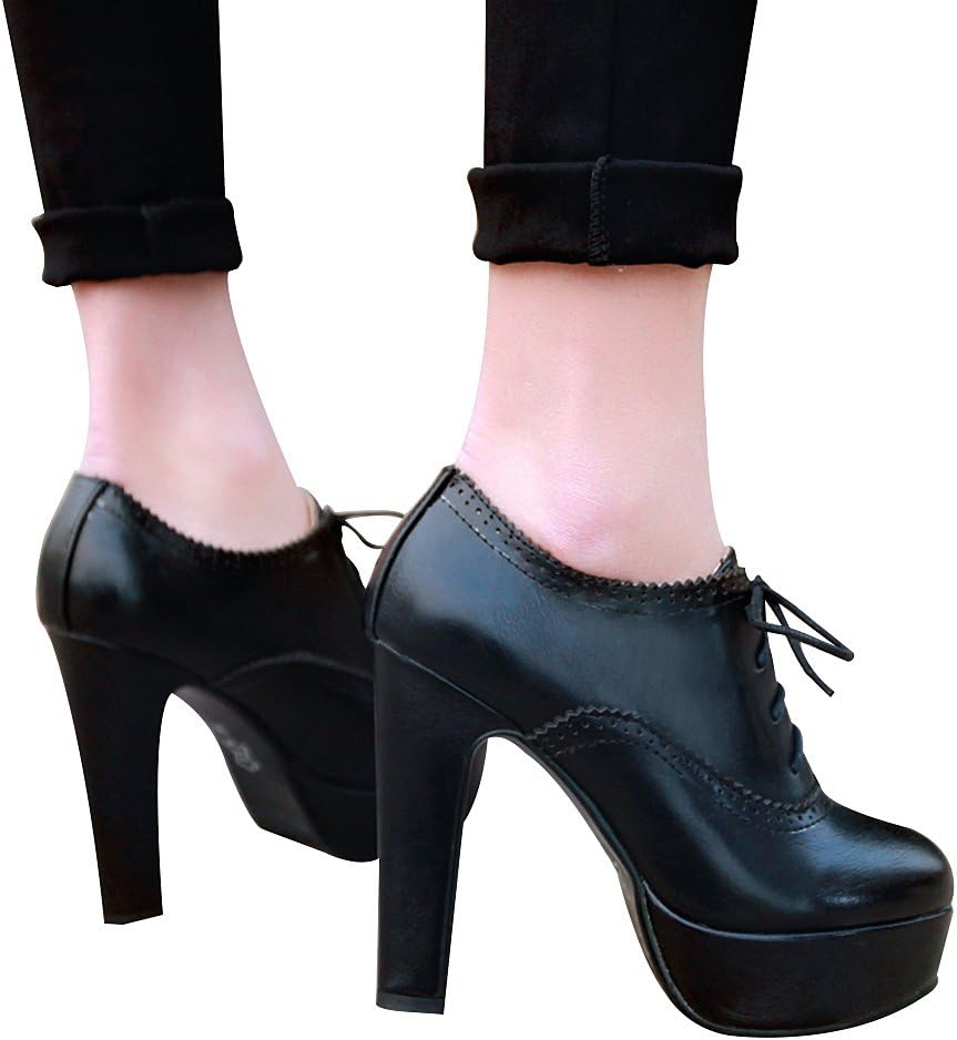 ANUFER Women Vintage High Platform Block Heel Court Shoes Elegant Brogue Oxfords Lace-Ups