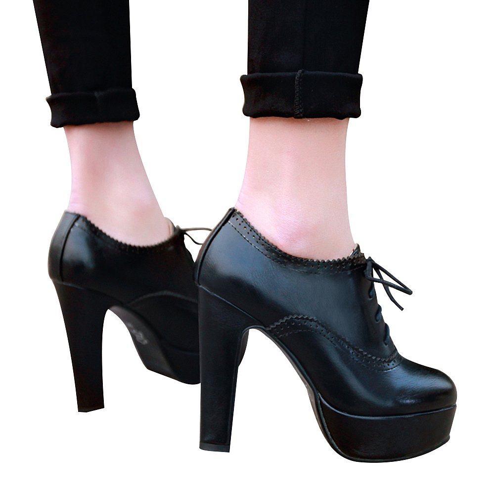 Femmes Vintage Haut Plateforme Bloc Talon Escarpins Élégant Lacets Brogue Oxfords/Derby