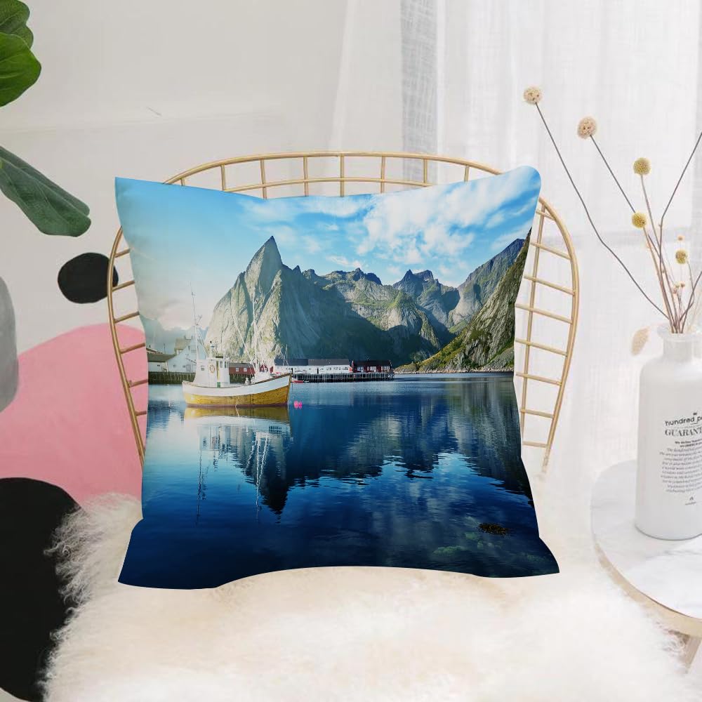 Hyosxw Norway, Silhouettes Of Boats On Still Water - A5 Cushion Cover,Throw Pillow Case Home Decorative For Living Room Bedroom Sofa Chair 18X18 Inch,Norway, Silhouettes Of Boats On Still Water In A Nordic Harbor,Pillowcase 45X45cm