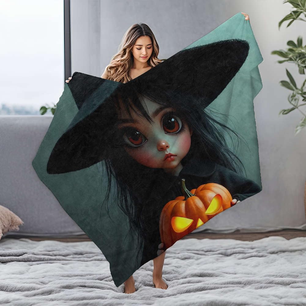 Couverture blanche en flanelle sorcière et citrouille d'Halloween pour lit 150x200 cm