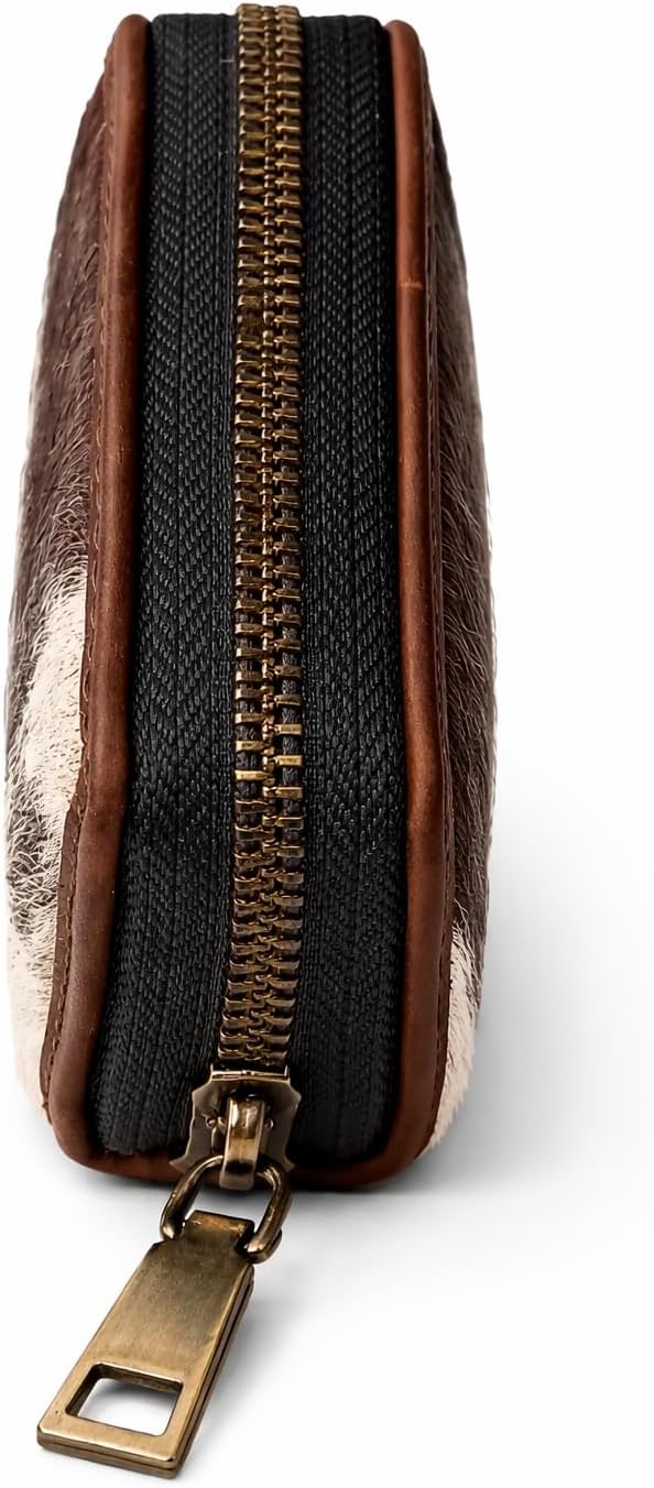ESS Cowhide Leather Hair-On Wallet Women Small Zip Accordion Card Holder RFID Compact Organizer with Coin Pocket Secure Zipper Stylish Gift Pouch Minimal Everyday Carry