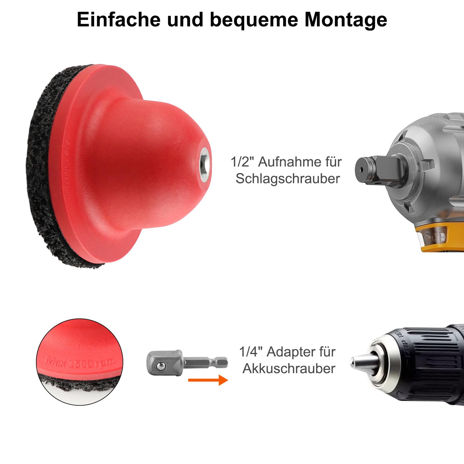Radnabenschleifer mit 2x Schleifscheiben, Nabenreiniger inkl. Adapter für Akkuschrauber, Rostentferner Kugelkopfschleifer mit 1/2"-Antrieb, 2x Silizium-Karbid-Scheibe Ø 150 mm für Felgenreinigung