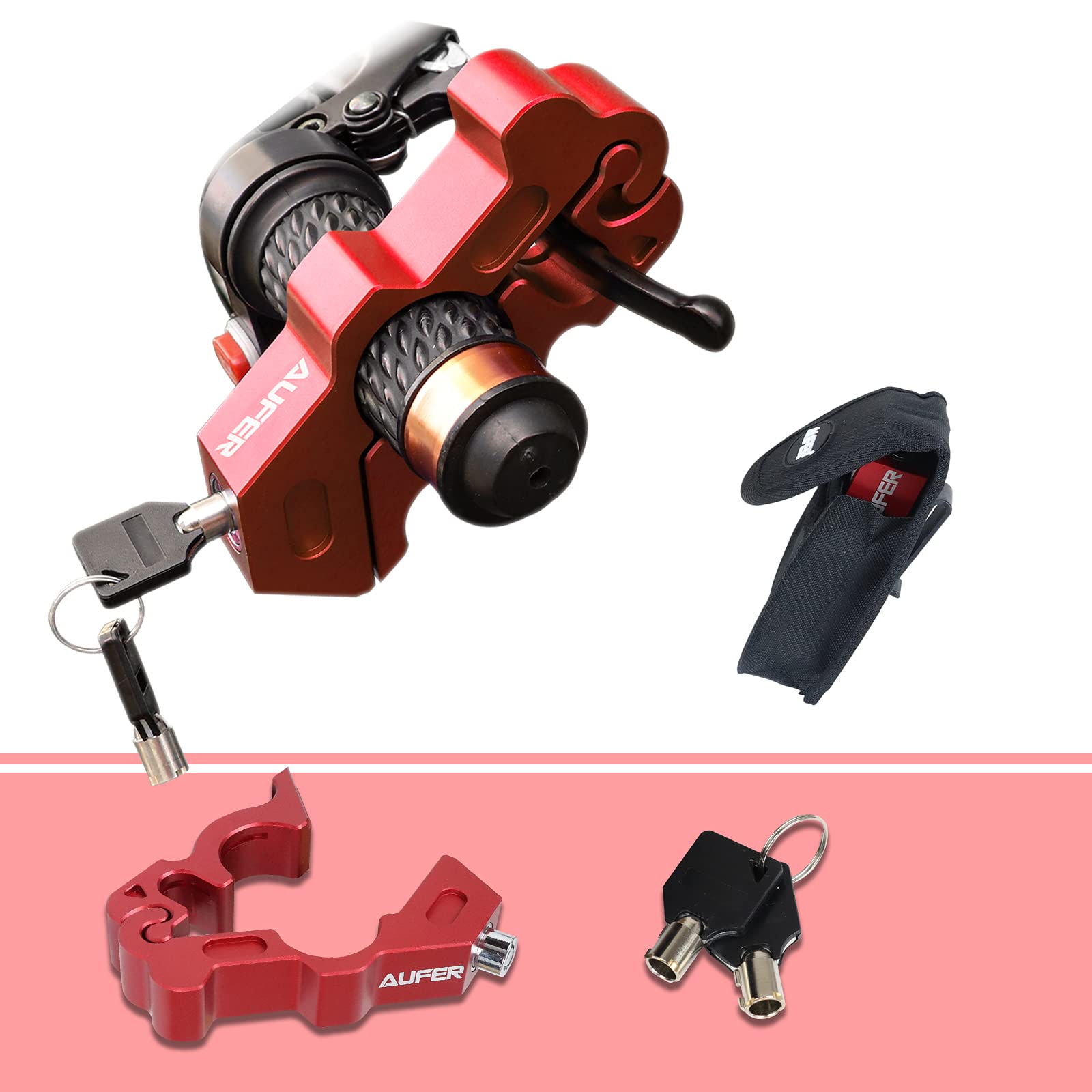 AUFER Verrou universel robuste pour guidon de moto, verrou d'accélérateur, levier de frein, compatible avec la plupart des motos, vélos, scooters, cyclomoteurs, VTT (rouge)