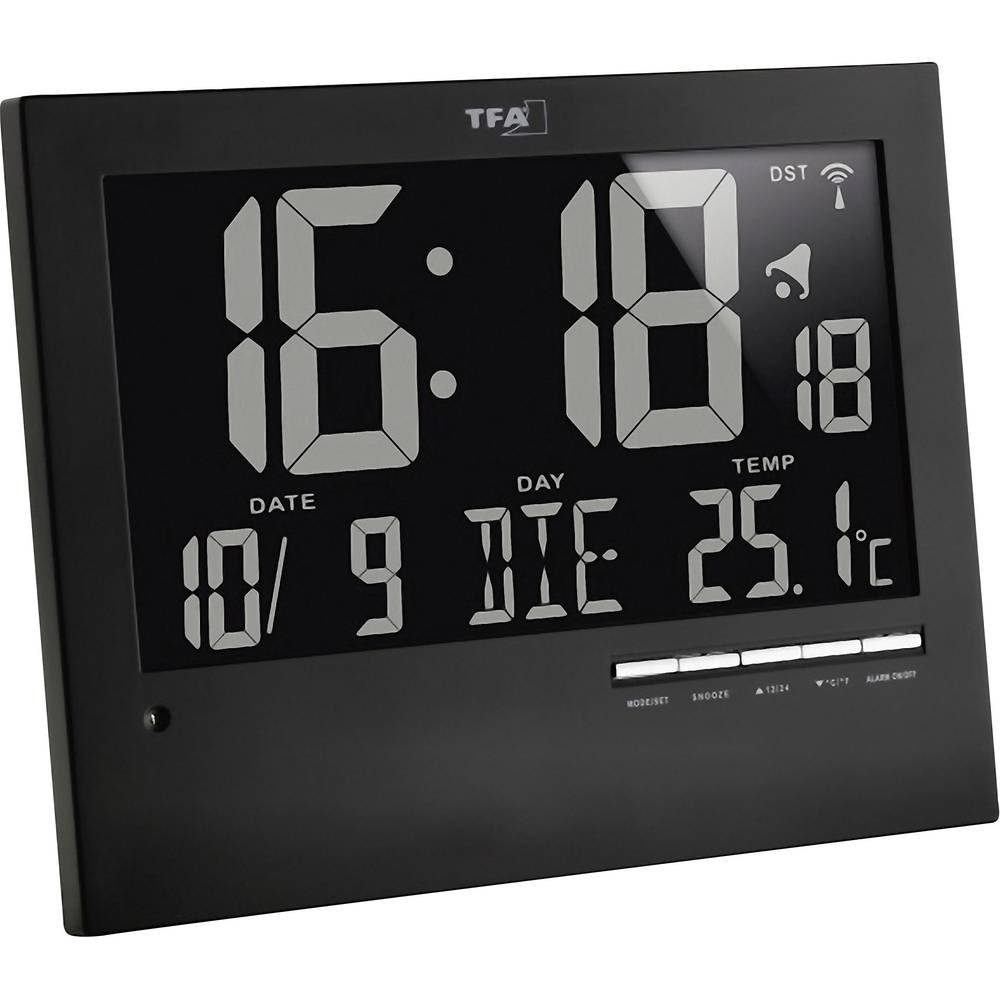 TFA Dostmann Orologio digitale radiocontrollato con retroilluminazione automatica, 60.4508, con temperatura interna, data, giorno della settimana, nero