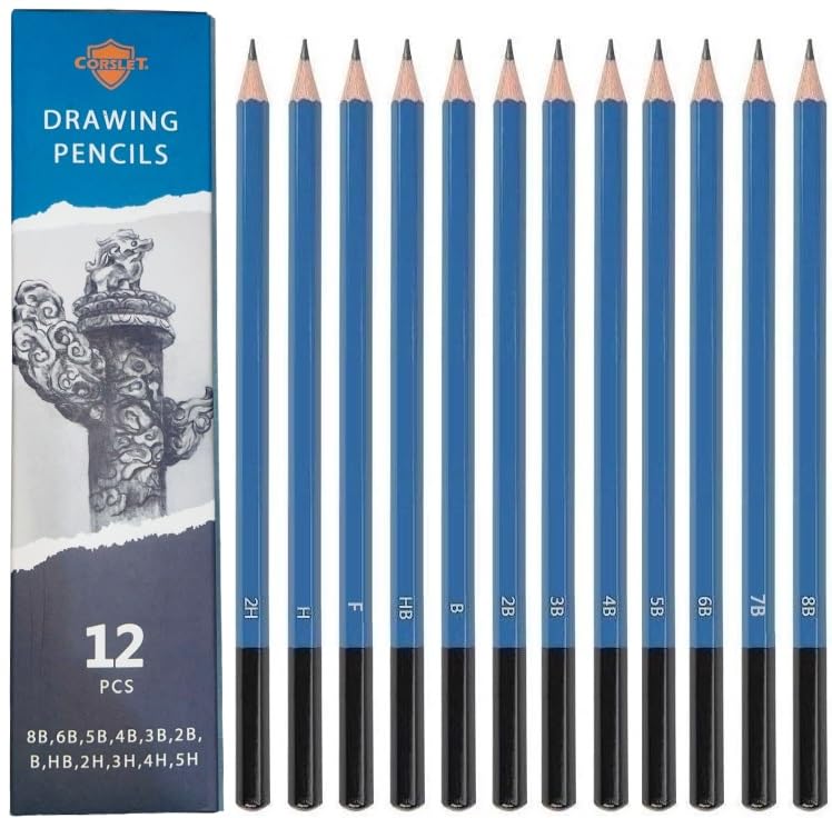 Corslet Professional 12-Piece Charcoal & Graphite Sketch Pencil Set for Artists | Graphite Pencil set for Beginners and Pros