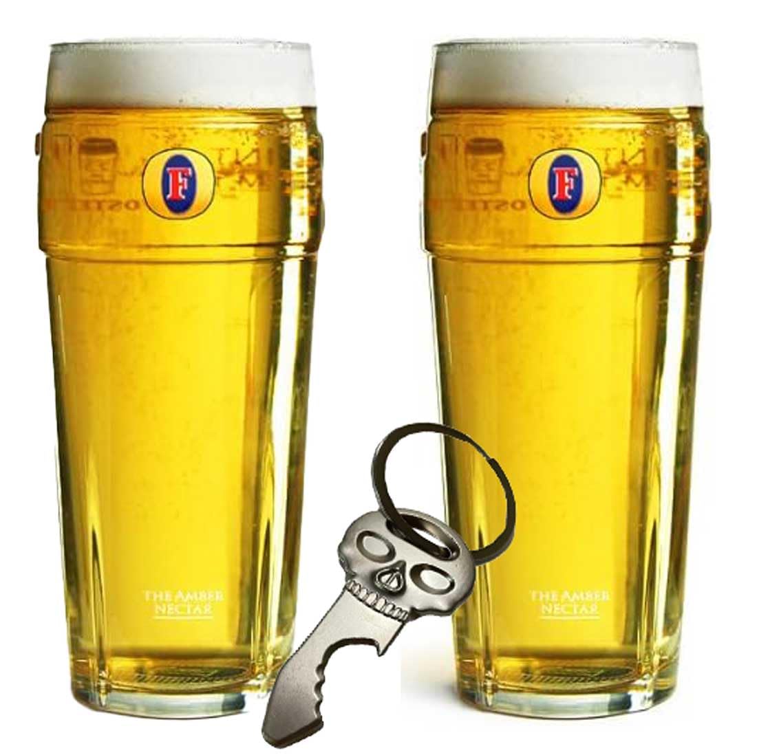 TUFF LUVRetro Fosters Pint Glass Set of 2 with Skull Bottle Opener - Stylish Design, Durable Glass, Easy Grip, Perfect for Beer Lovers, Great Gift Idea