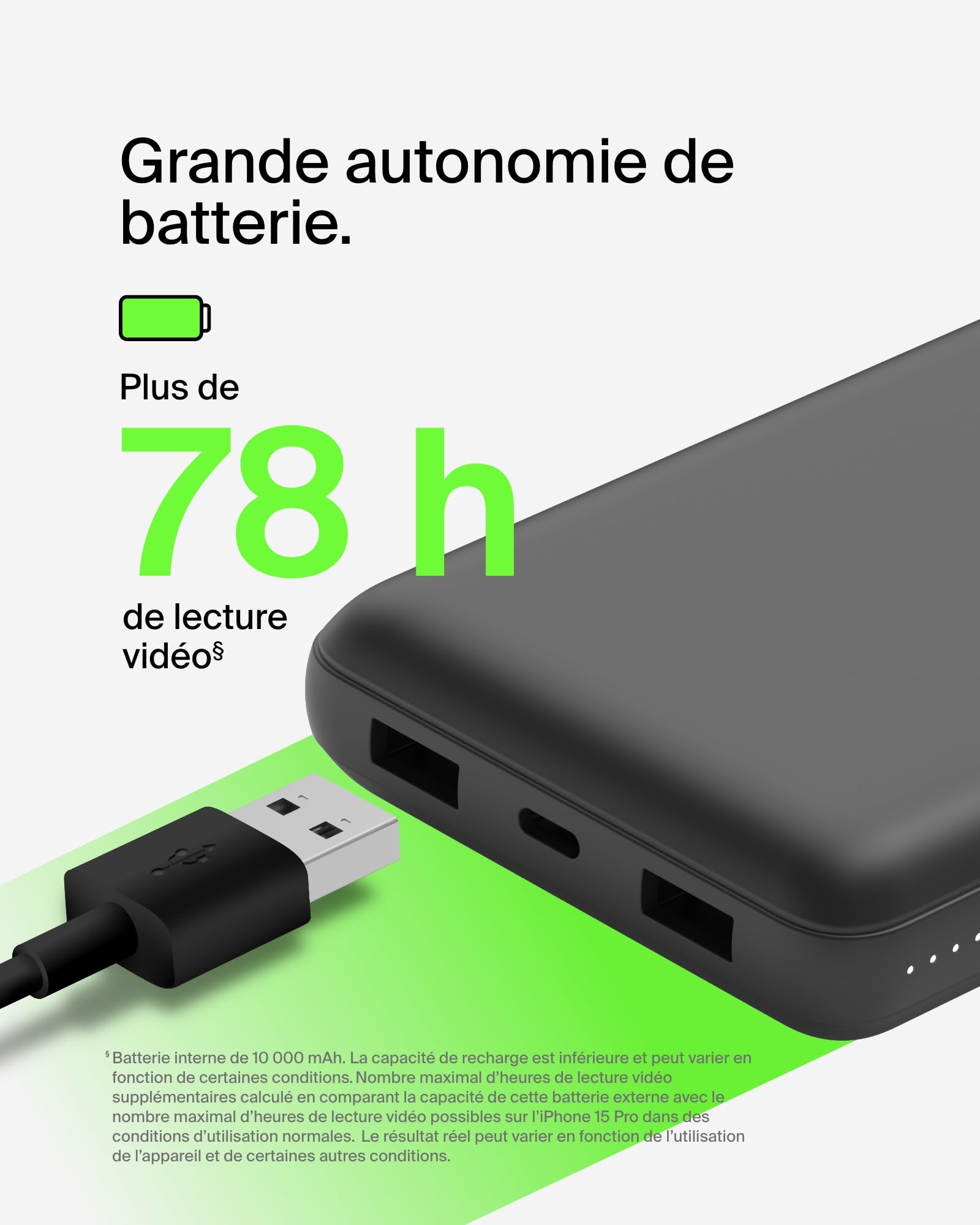 Belkin Batterie externe USB-C 20000mAh (power bank puissance de 20K, entrée et sortie USB-C, 2 ports USB-A, câble USB-C vers USB-A fourni, pour iPhone, Galaxy, Pixel, iPad, AirPods, etc.) - Noir