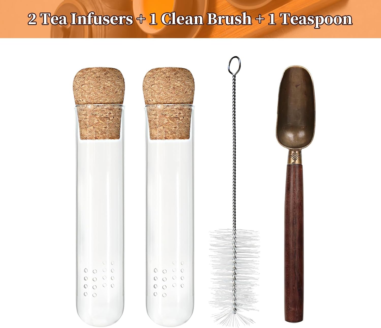 2 PCS Glass Loose Tea Infuser with Cork Lid Spoon Brush