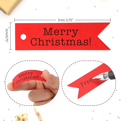 Miniatura 2 de jijAcraft Etiquetas de Feliz Navidad, 100 etiquetas de regalo con cuerda, etiquetas de papel kraft rojas impresas con etiqueta de Feliz Navidad,