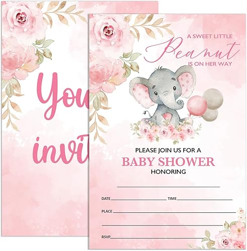 UDNADKEX Invitaciones de baby shower para niña elefante rosa con sobres, invitaciones para baby showers, fiesta floral, tarjetas de invitación de