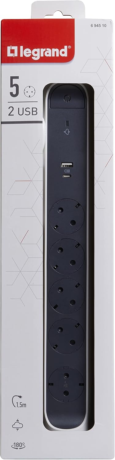 LEGRAND, Rotating power strip, 5-way socket, multiple power strip, USB-A and USB-C connection, integrated surge protector with status display (SPD), 1.5 m cable,