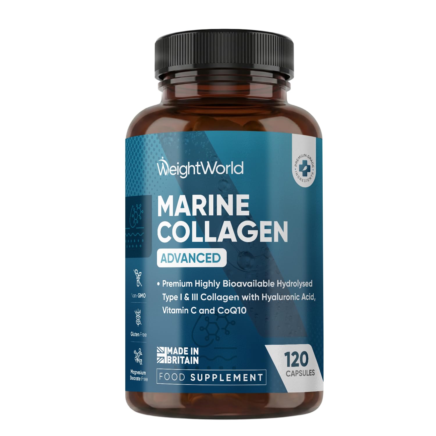 WeightWorld Marine Collagen Capsules 1455mg | 120 Capsules | Type 1 & 3 Collagen Supplements for Women & Men | Hydrolysed Fish Peptides Complex with Hyaluronic Acid, Vitamin C, Zinc & CoQ10
