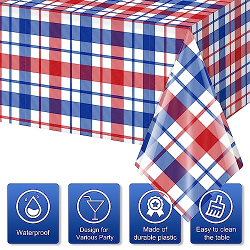 3Pcs Patriotic Buffalo Plaid Checkered Tablecloth Decorations,Plastic 4Th Of July Red White Blue Table Cover For Fourth Of July Patriotic Memorial Independence Veterans Day Party Supplies,54X108 Inch #TOP3