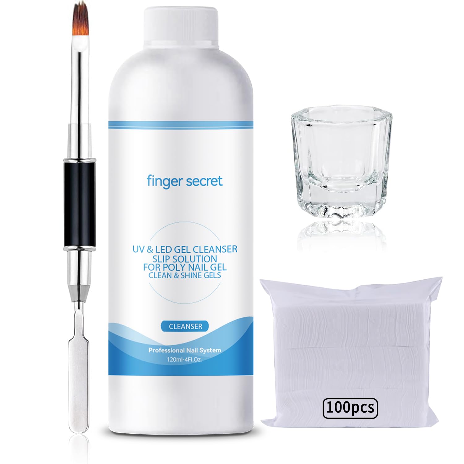 BEVINAS Slip Solution 4Fl.Oz Slip Solution Nail Extension Gel Liquid Slip Solution for Poly Gel Nails with Brush Spatula Glass Cup Nail Cleaning pads Gel Cleanser for Nails