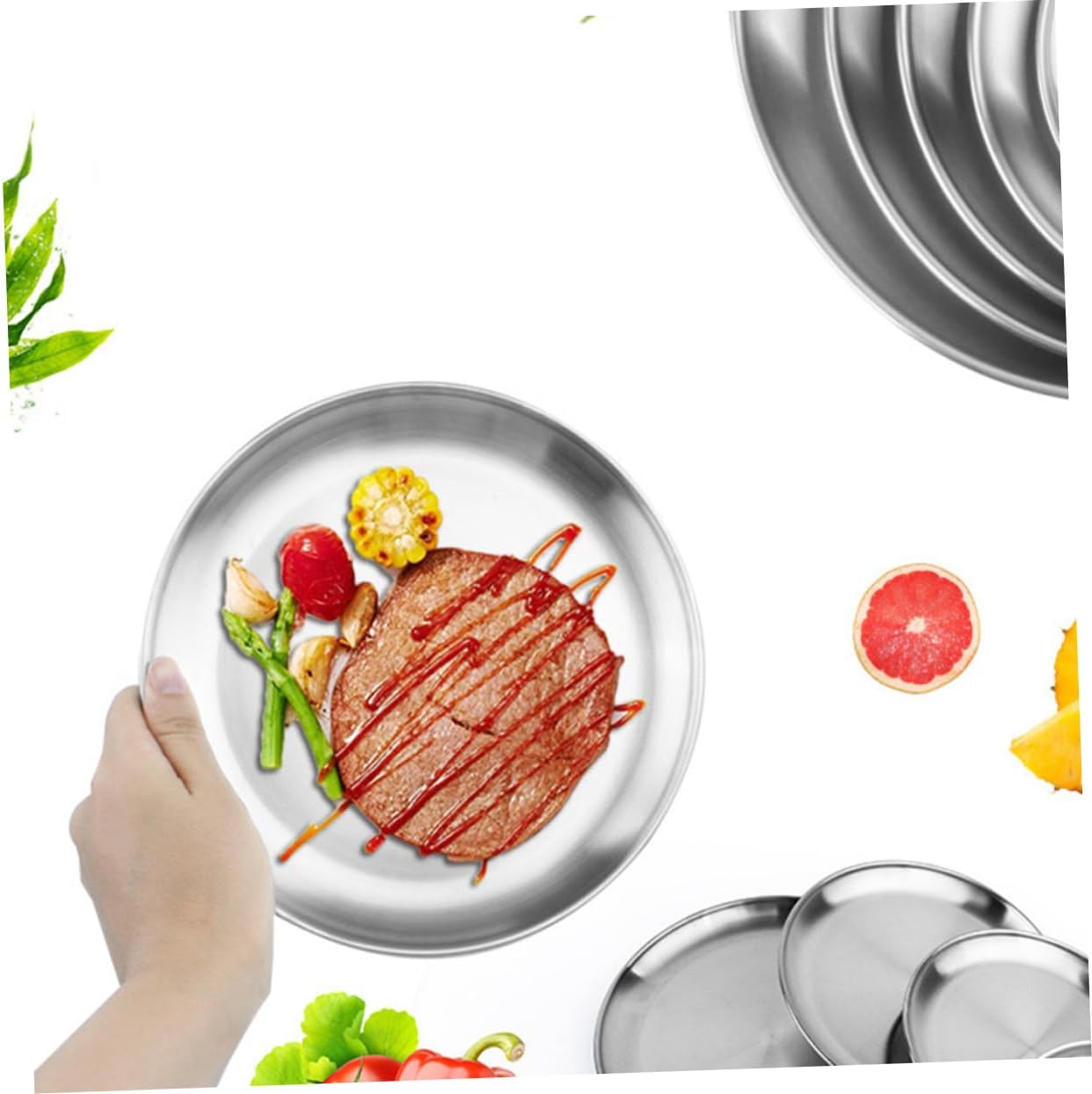 5Pcs Stainless Steel Plate Multi Purpose Dinner Plates Unbreakable and Heat Insulation for Fruits Snacks Parties Outdoor Picnics and More