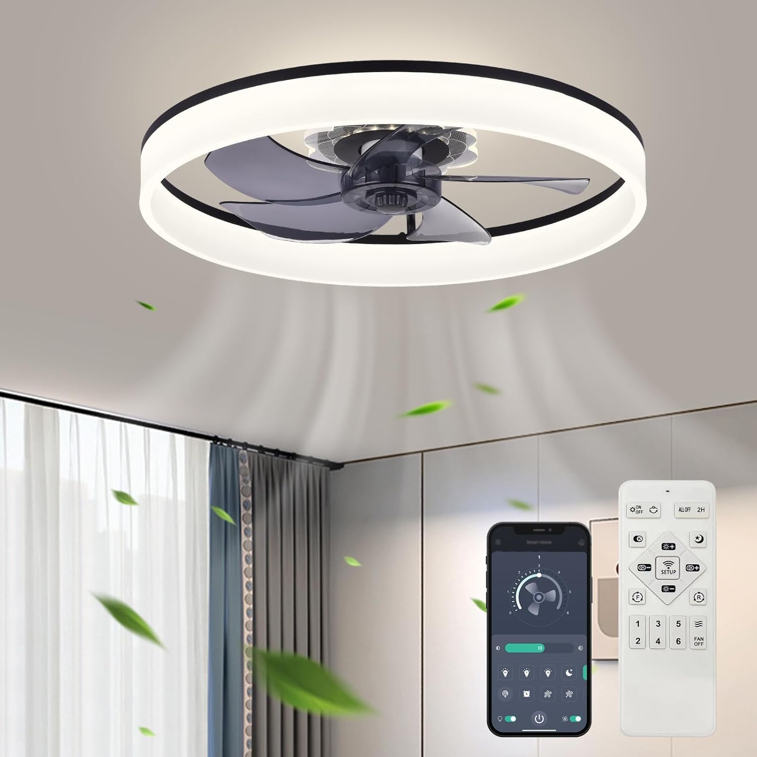 20'' Ceiling Fan with Light, Upgraded Low Profile Fan, Flush Mount Ceiling Fan, 6 Speeds, Dimmable LED, App & Remote Control, Quiet DC Motor, for Bedroom, Living Room, F116 Black