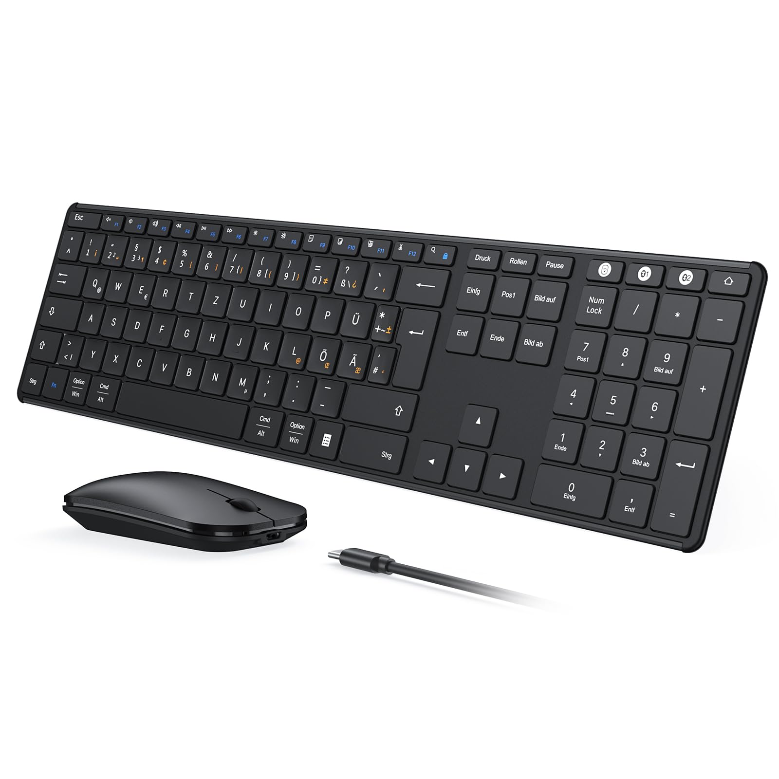 seenda SKM64-3 Bluetooth Tastatur mit Maus, Tastatur Maus Set Kabellos für Windows/Mac/iPad/Android | Ultradünne Tastatur + Leise Funkmaus | 3 Geräte Verbindung, QWERTZ Layout (Schwarz)