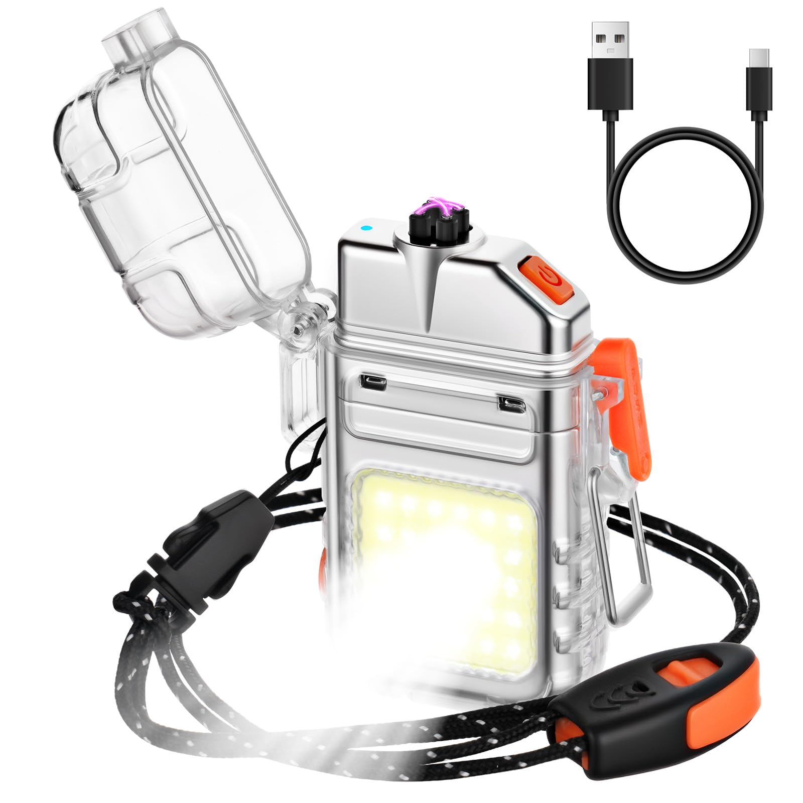 Vicloon Feuerzeug Elektrisch, Lichtbogen Feuerzeug USB Aufladbar, Dual Arc Plasma mit Überlebens Notfallpfeife und Lanyard, Wasserdicht Winddicht für Wandern, Camping, Survival Kit (Weiß)