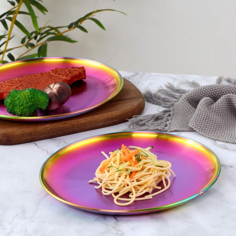 Teller- und Schalen-Sets, Edelstahl-Geschirr, Schalen, Tassen, Küchengeschirr-Set, Service für 4 (Regenbogen, 23 cm Teller/5,1 Zoll Schüssel/Tassen)