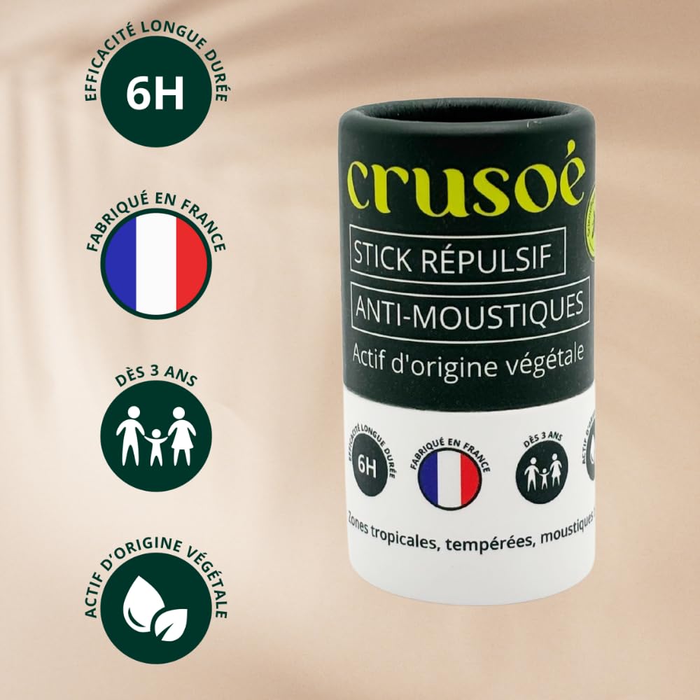 CRUSOÉ - Stick Anti Moustiques - Dès 3 Ans - Efficacité 6H - Zone Tropicale Et Tempérée - Formulation 100% Végétale - Fabriqué En France - 20 g