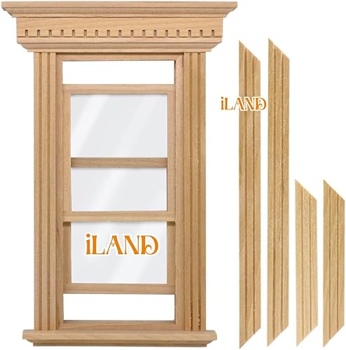 Miniatura 3 de iLAND Accesorios para casa de muñecas en escala 112, ventana de casa de muñecas de madera con molduras en estilo neoclásico