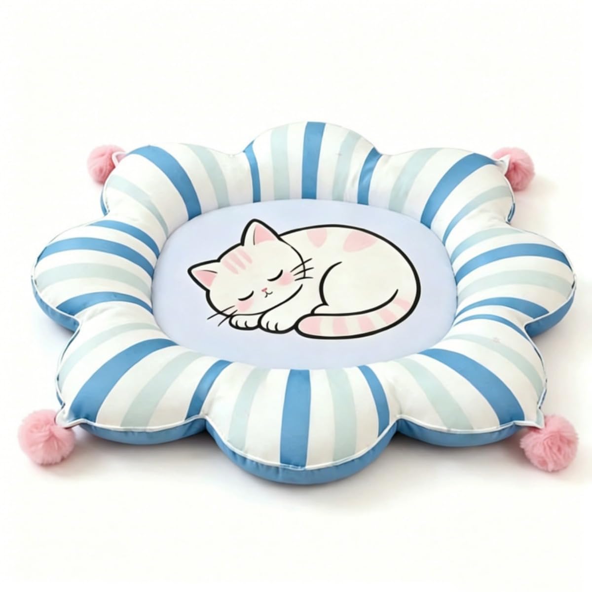 KEDAOLA Flower Shape Dual Sided Pet Cooling Mat, Striped Summer Cat Dog Sleeping Cushion, Cute Sleeping Kitten Print Reversible Pet Bed (blue,50cm)